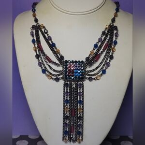 Joann She Multi-Strand Necklace Square Multi-Colored Rhinestone & Bead Pendant